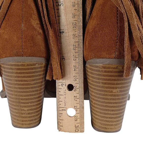 Western Fringe Ankle Boots Chunky Block Heel Zipper Brown Suede Round Toe Size 6 - Picture 7 of 14